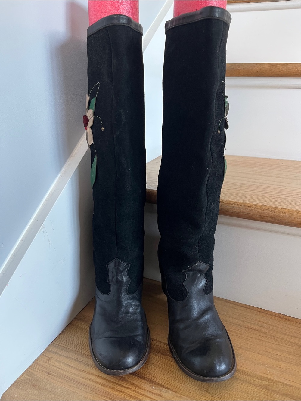 Black Suede & Leather Knee-High Boots with Floral Accent